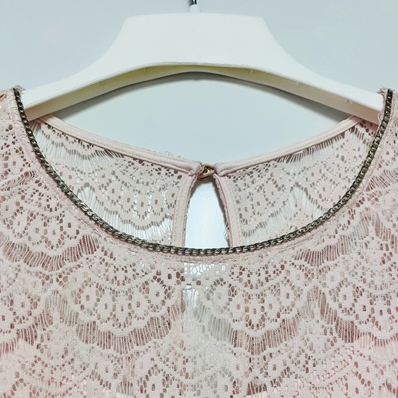 Jessica Simpson Lace Midi Dress Size 8 Blush Pink Scalloped Chain Collar Belted - Picture 9 of 16